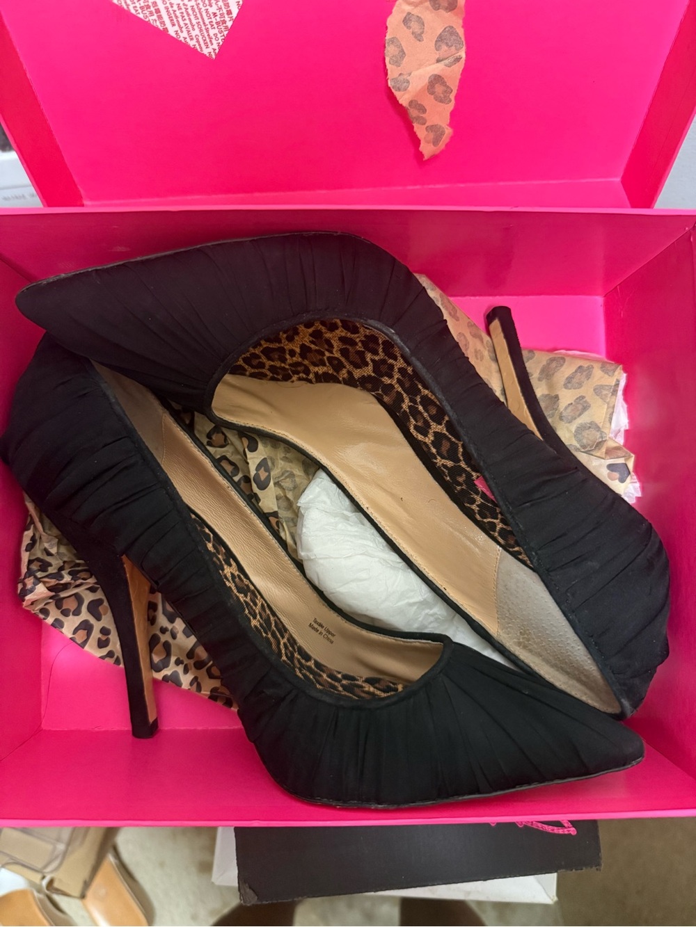 Betsey Johnson Black Pointed Ruched Stiletto Heels with Leopard Lining